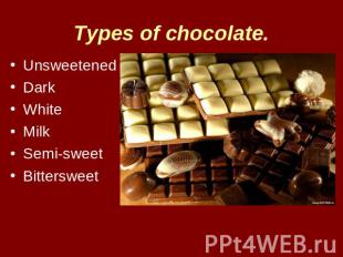 Types of chocolate. UnsweetenedDarkWhiteMilkSemi-sweetBittersweet