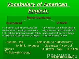Vocabulary of American English: Americanisms historical proper In American usage