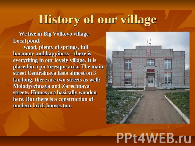 History of our village We live in Big Volkovo village. Local pond, wood, plenty of springs, full harmony and happiness – there is everything in our lovely village. It is placed in a picturesque area. The main street Centralnaya lasts almost on 3 km …