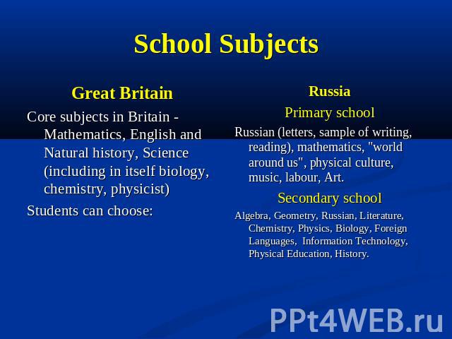 School Subjects Great BritainCоre subjects in Britain - Mathematics, English and Natural history, Science (including in itself biology, chemistry, physicist)Students can choose: RussiaPrimary schoolRussian (letters, sample of writing, reading), math…