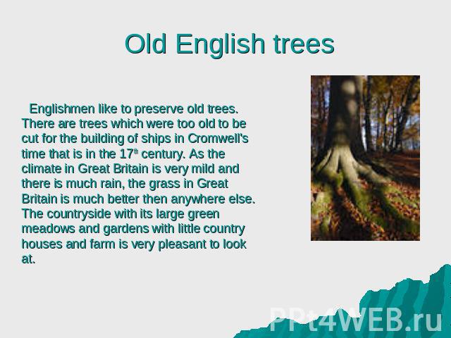 Englishmen like to preserve old trees. There are trees which were too old to be cut for the building of ships in Cromwell's time that is in the 17th century. As the climate in Great Britain is very mild and there is much rain, the grass in Great Bri…