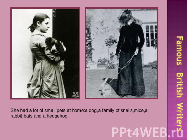 She had a lot of small pets at home:a dog,a family of snails,mice,a rabbit,bats and a hedgehog. Famous British Writers