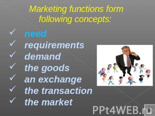 Marketing functions formfollowing concepts: need requirements demand the goods a