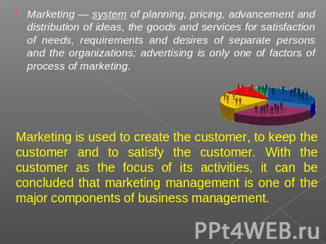 Marketing — system of planning, pricing, advancement and distribution of ideas, the goods and services for satisfaction of needs, requirements and desires of separate persons and the organizations; advertising is only one of factors of process of ma…
