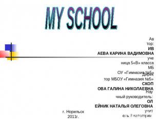 My school Автор:ИВАЕВА КАРИНА ВАДИМОВНАученица 5«В» классаМБОУ «Гимназия №5» Дир