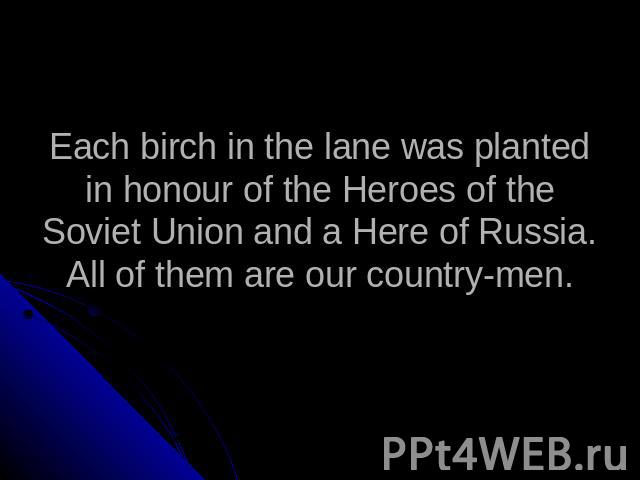 Each birch in the lane was planted in honour of the Heroes of the Soviet Union and a Here of Russia. All of them are our country-men.