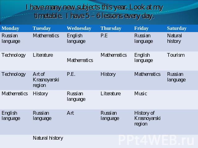 I have many new subjects this year. Look at my timetable. I have 5 – 6 lessons every day.