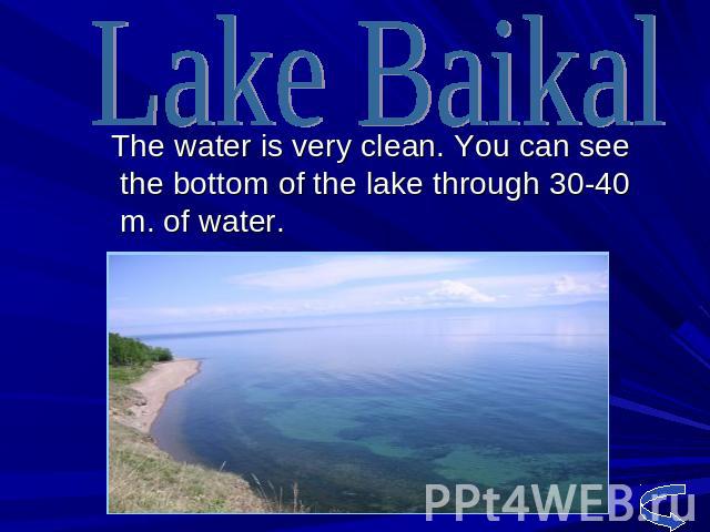 The water is very clean. You can see the bottom of the lake through 30-40 m. of water.