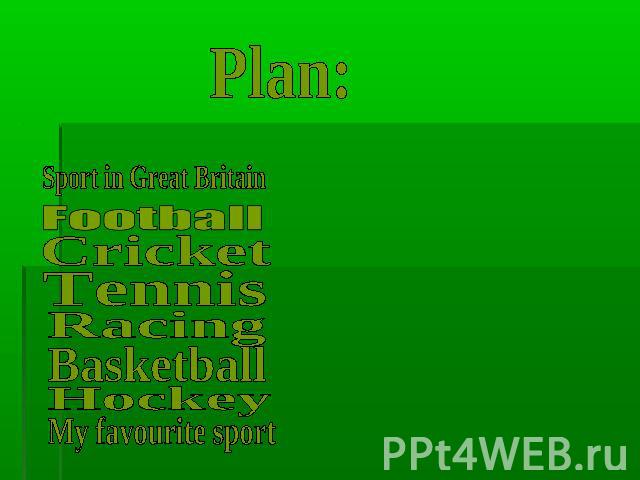 Plan: Sport in Great Britain Football Cricket Tennis Racing Basketball Hockey My favourite sport