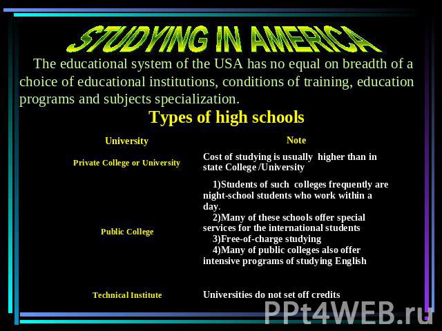 STUDYING IN AMERICA The educational system of the USA has no equal on breadth of a choice of educational institutions, conditions of training, education programs and subjects specialization.