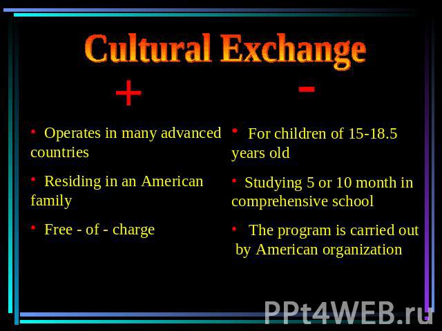 Cultural Exchange Operates in many advanced countries Residing in an American family Free - of - charge For children of 15-18.5 years old Studying 5 or 10 month in comprehensive school The program is carried out by American organization