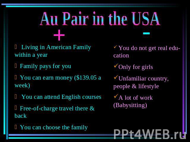 Au Pair in the USA Living in American Family within a year Family pays for you You can earn money ($139.05 a week) You can attend English courses Free-of-charge travel there & back You can choose the family You do not get real edu- cation Only for g…