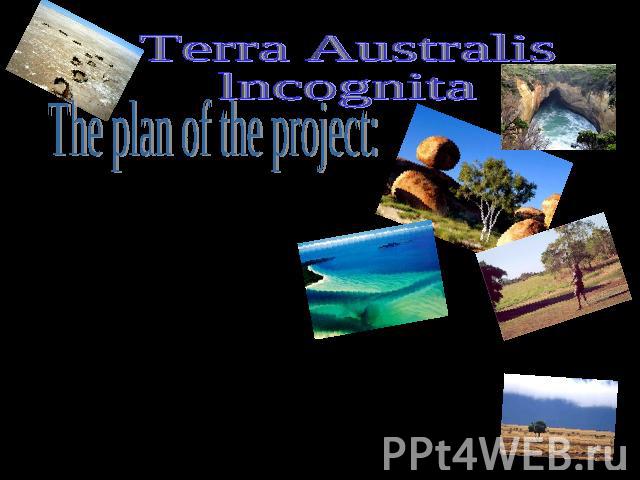 Terra Australis lncognita The plan of the project: 1. National colors and symbols. 2. Geography and climate. 3. The Agriculture. 4.Industry. 5. The Strange World of Australian Animals. 6.Quiz.