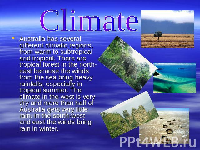 Сlimate Australia has several different climatic regions, from warm to subtropical and tropical. There are tropical forest in the north-east because the winds from the sea bring heavy rainfalls, especially in tropical summer. The climate in the west…