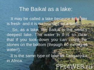 The Baikal as a lake: It may be called a lake because its water is fresh and it