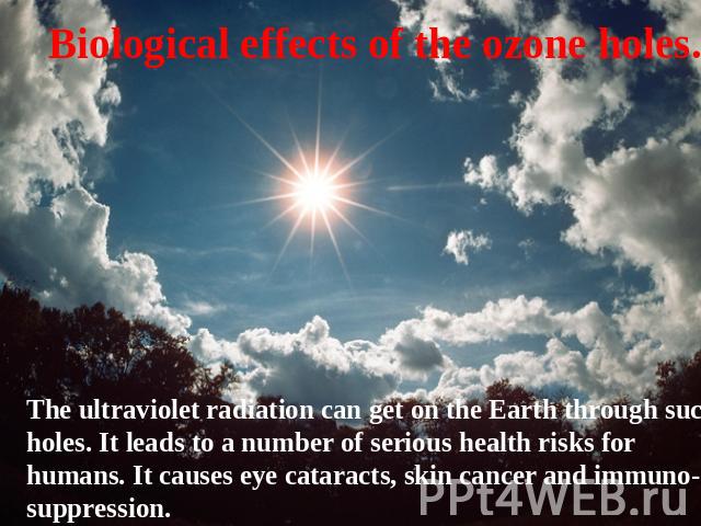 Biological effects of the ozone holes. The ultraviolet radiation can get on the Earth through such holes. It leads to a number of serious health risks for humans. It causes eye cataracts, skin cancer and immuno-suppression.