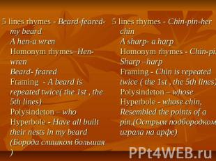 5 lines rhymes - Beard-feared-my beard A hen-a wren Homonym rhymes–Hen-wren Bear