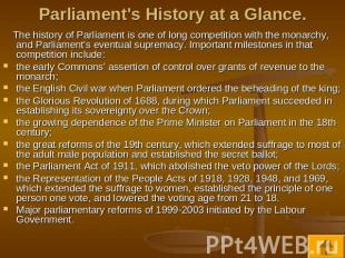 Parliament's History at a Glance. The history of Parliament is one of long compe