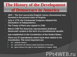 The History of the Development of Democracy in America 1607 – The first successf