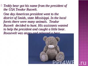 Teddy bear got his name from the president of the USA Teodor Rusvelt. One day Am