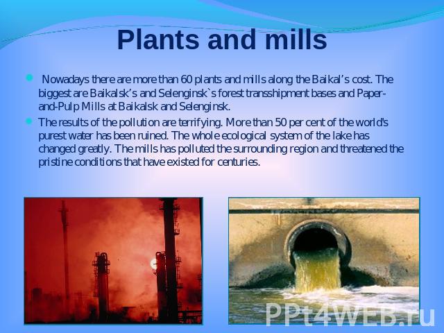 Plants and mills Nowadays there are more than 60 plants and mills along the Baikal’s cost. The biggest are Baikalsk’s and Selenginsk`s forest transshipment bases and Paper-and-Pulp Mills at Baikalsk and Selenginsk.The results of the pollution are te…