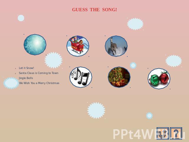 GUESS THE SONG! Let it Snow!Santa Claus is Coming to TownJingle BellsWe Wish You a Merry Christmas