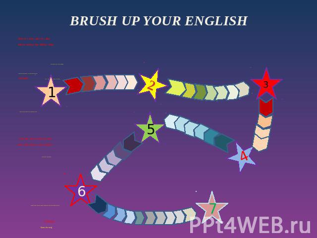 BRUSH UP YOUR ENGLISH Step by step, day by dayMove along the Milky Way. Find the key to the gates Find place words in the word snake START Do the crossword puzzle Use the letters to make words Get the stars one by one. You will have a lot of fun! Fi…