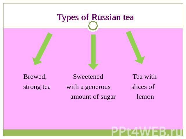 Types of Russian tea Brewed, Sweetened Tea with strong tea with a generous slices of amount of sugar lemon