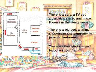 There is a sofa, a TV set, a carpet, a stereo and many flowers in the living roo
