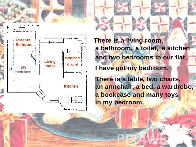 There is a living room, a bathroom, a toilet, a kitchen and two bedrooms in our flat. I have got my bedroom. There is a table, two chairs, an armchair, a bed, a wardrobe,a bookcase and many toysin my bedroom.
