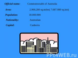 Official name: Commonwealth of Australia Area: 2.966.200 sq.miles( 7.687.000 sq.