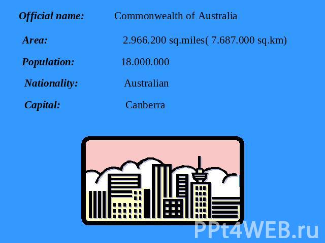 Official name: Commonwealth of Australia Area: 2.966.200 sq.miles( 7.687.000 sq.km) Population: 18.000.000 Nationality: Australian