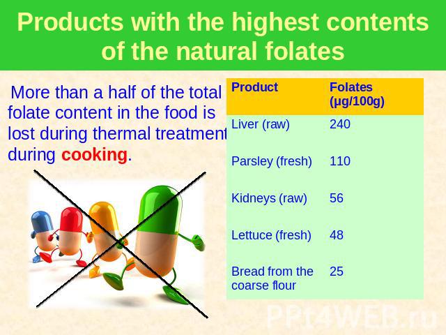 Products with the highest contents of the natural folates More than a half of the total folate content in the food is lost during thermal treatment during cooking.