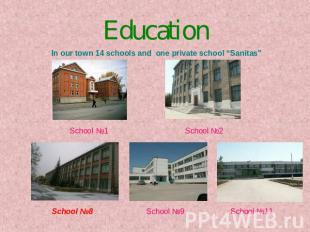 Education In our town 14 schools and one private school “Sanitas" School №1 Scho