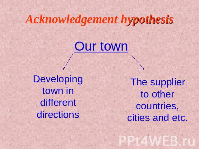 Acknowledgement hypothesis Our town Developing town in different directions The supplier to other countries, cities and etc.