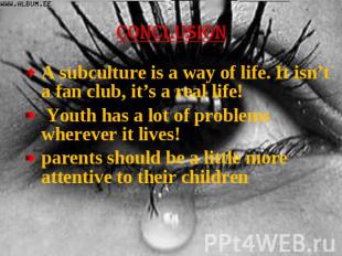 CONCLUSION A subculture is a way of life. It isn’t a fan club, it’s a real life!
