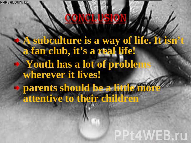 CONCLUSION A subculture is a way of life. It isn’t a fan club, it’s a real life! Youth has a lot of problems wherever it lives!parents should be a little more attentive to their children
