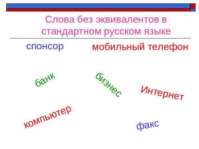 Слова без эквивалентов в стандартном русском языке спонсор банк компьютер мобильный телефонбизнесИнтернетфакс