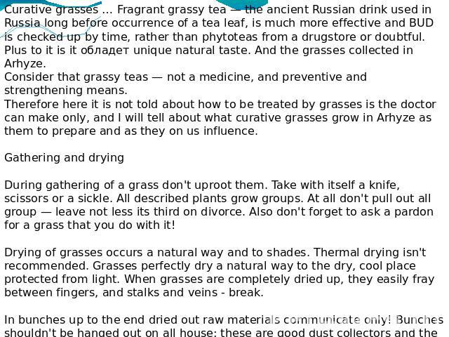 Curative grasses … Fragrant grassy tea — the ancient Russian drink used in Russia long before occurrence of a tea leaf, is much more effective and BUD is checked up by time, rather than phytoteas from a drugstore or doubtful. Plus to it is it обладе…