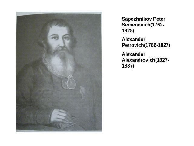 Sapozhnikov Peter Semenovich(1762-1828)Alexander Petrovich(1786-1827)Alexander Alexandrovich(1827-1887)