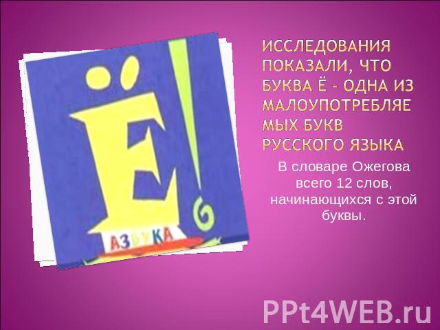 Исследования показали, что буква ё – одна из малоупотребляемых букв русского языка В словаре Ожегова всего 12 слов, начинающихся с этой буквы.