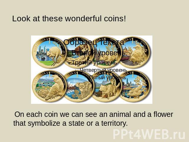 Look at these wonderful coins! On each coin we can see an animal and a flower that symbolize a state or a territory.