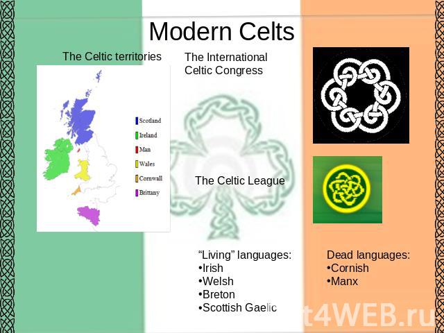 Modern Celts The Celtic territories The International Celtic Congress The Celtic League “Living” languages:IrishWelshBretonScottish Gaelic