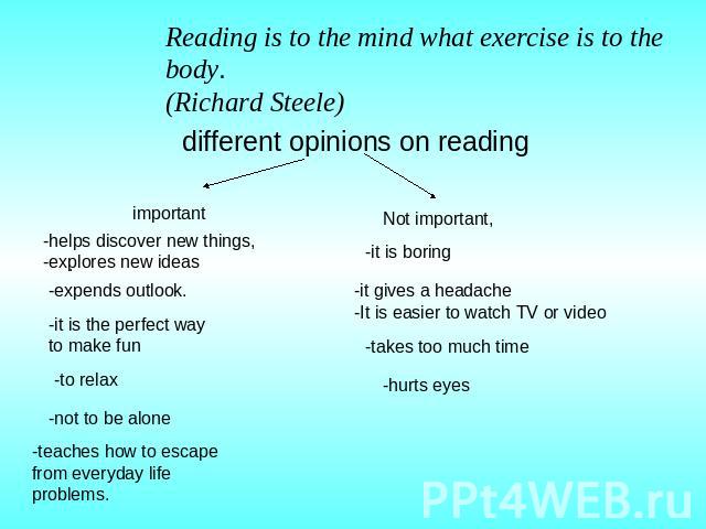 Reading is to the mind what exercise is to the body.(Richard Steele) different opinions on reading