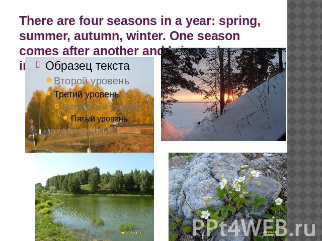 There are four seasons in a year: spring, summer, autumn, winter. One season comes after another and brings changes in nature.