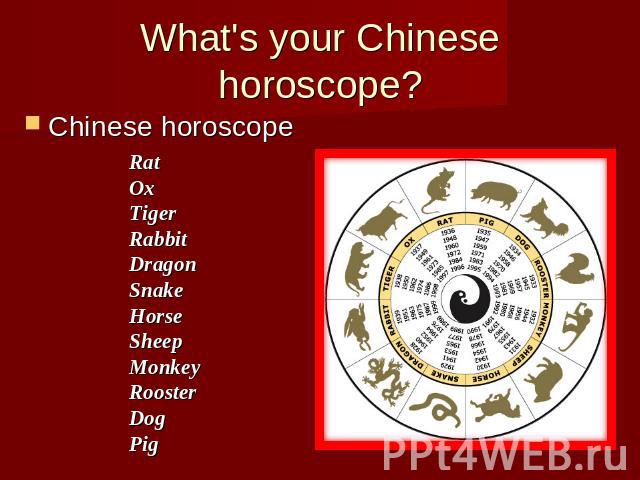 What's your Chinese horoscope?Chinese horoscope Rat OxTigerRabbitDragonSnakeHorseSheepMonkeyRoosterDogPig