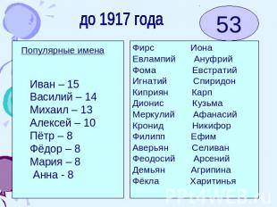 до 1917 года Иван – 15Василий – 14Михаил – 13Алексей – 10Пётр – 8Фёдор – 8Мария