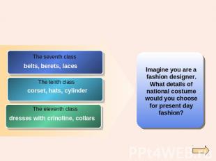 Imagine you are afashion designer.What details ofnational costumewould you choos
