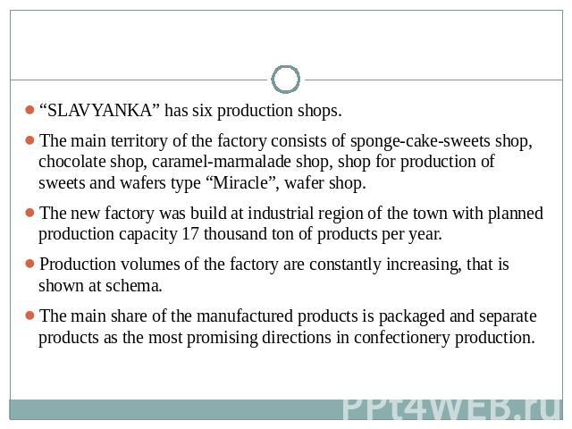 “SLAVYANKA” has six production shops.The main territory of the factory consists of sponge-cake-sweets shop, chocolate shop, caramel-marmalade shop, shop for production of sweets and wafers type “Miracle”, wafer shop.The new factory was build at indu…