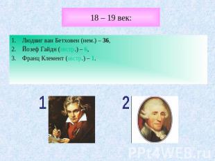 18 – 19 век: Людвиг ван Бетховен (нем.) – 36, Йозеф Гайдн (австр.) – 6,Франц Кле